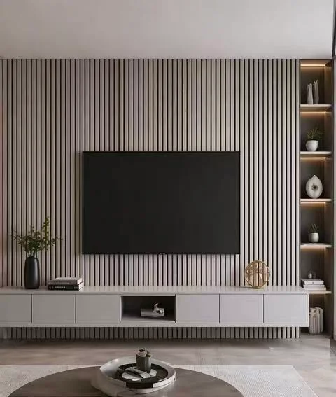 light gray slatted soundproof wall panel for living room TV background